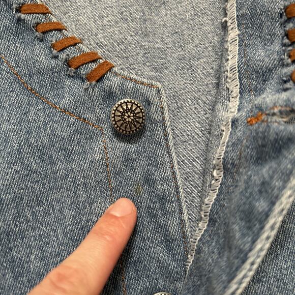 Sap Man Denim Vest Womens Size Medium Leather Trim Lace Detail Southwest Cowgirl - Picture 13 of 13